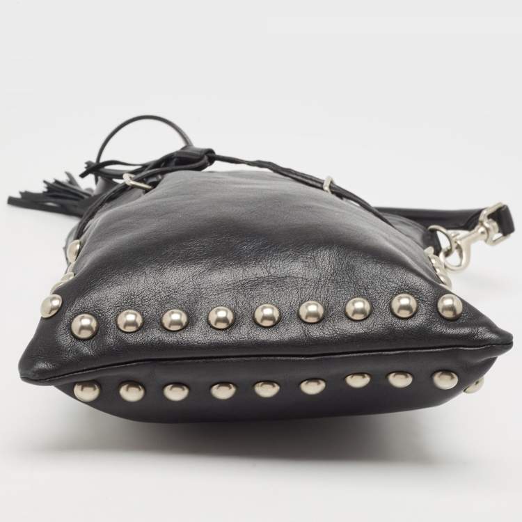 Pre Owned Saint Laurent Black Leather Monogram Flat Bucket Bag