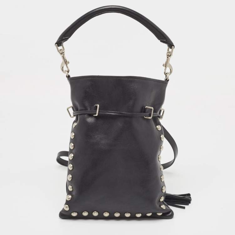 Pre Owned Saint Laurent Black Leather Monogram Flat Bucket Bag