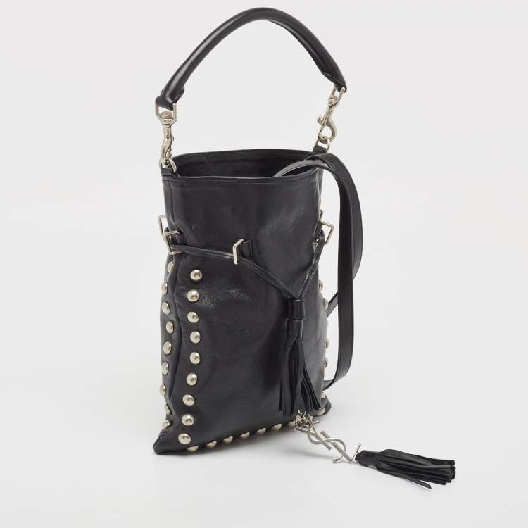 Pre Owned Saint Laurent Black Leather Monogram Flat Bucket Bag