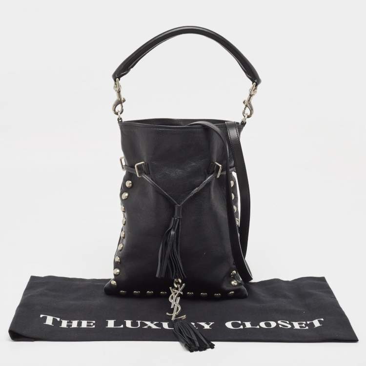 Pre Owned Saint Laurent Black Leather Monogram Flat Bucket Bag
