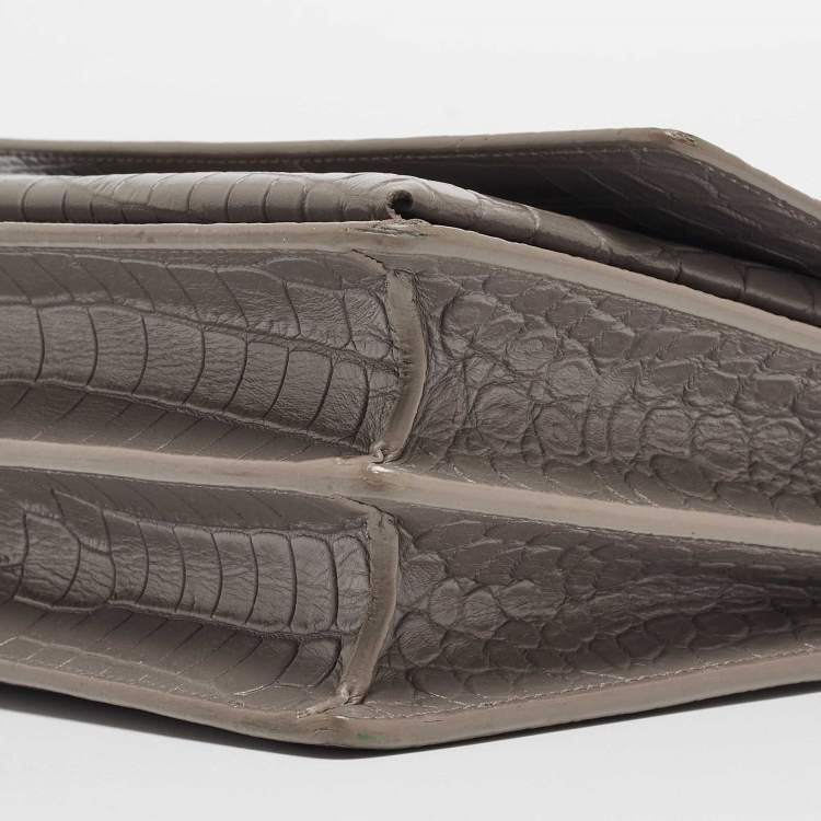 Pre Owned Saint Laurent Grey Croc Embossed Leather Medium Sunset Bag