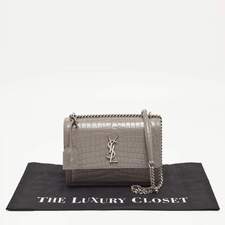 Pre Owned Saint Laurent Grey Croc Embossed Leather Medium Sunset Bag