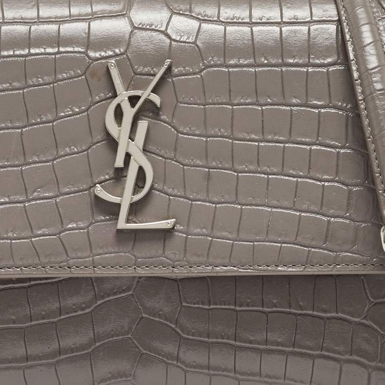Pre Owned Saint Laurent Grey Croc Embossed Leather Medium Sunset Bag