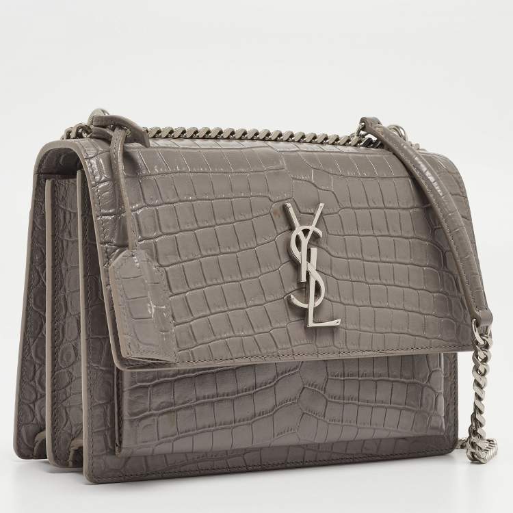 Pre Owned Saint Laurent Grey Croc Embossed Leather Medium Sunset Bag