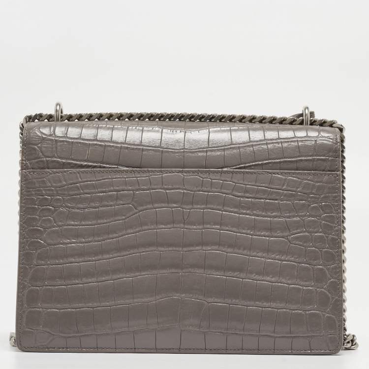 Pre Owned Saint Laurent Grey Croc Embossed Leather Medium Sunset Bag