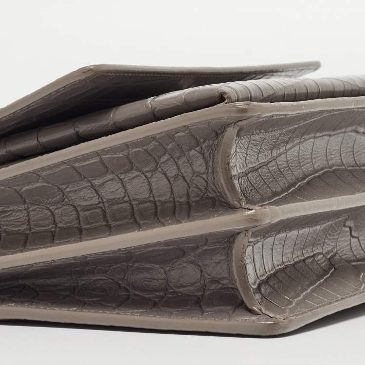 Pre Owned Saint Laurent Grey Croc Embossed Leather Medium Sunset Bag