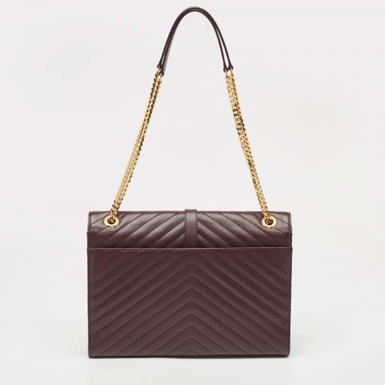 Pre Owned Saint Laurent Burgundy Matelassé  Leather Large Monogram Envelope Shoulder Bag