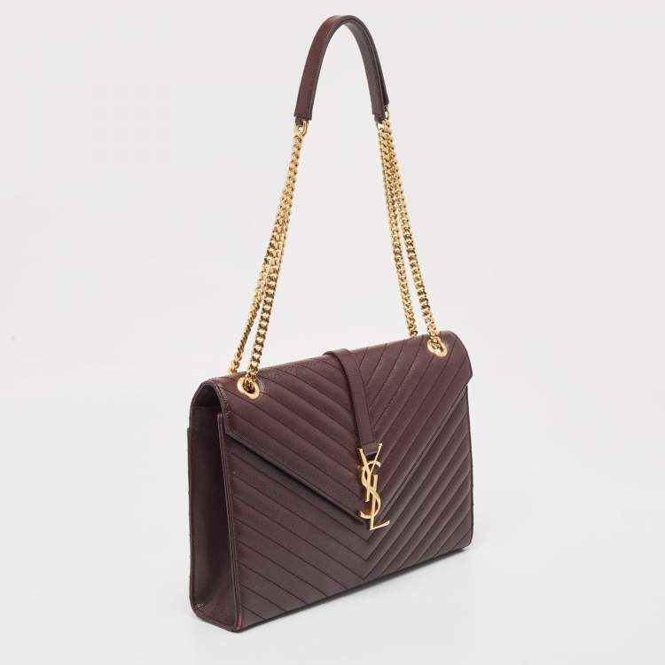 Pre Owned Saint Laurent Burgundy Matelassé  Leather Large Monogram Envelope Shoulder Bag