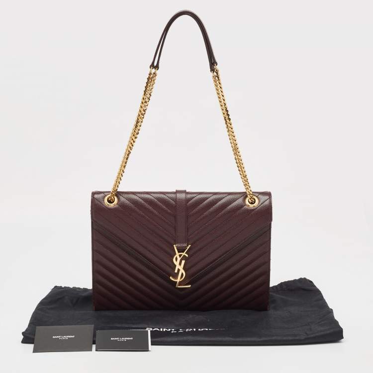 Pre Owned Saint Laurent Burgundy Matelassé  Leather Large Monogram Envelope Shoulder Bag