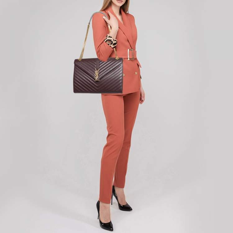 Pre Owned Saint Laurent Burgundy Matelassé  Leather Large Monogram Envelope Shoulder Bag