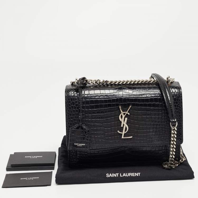 Pre Owned Saint Laurent Black Croc Embossed Leather Medium Sunset Bag