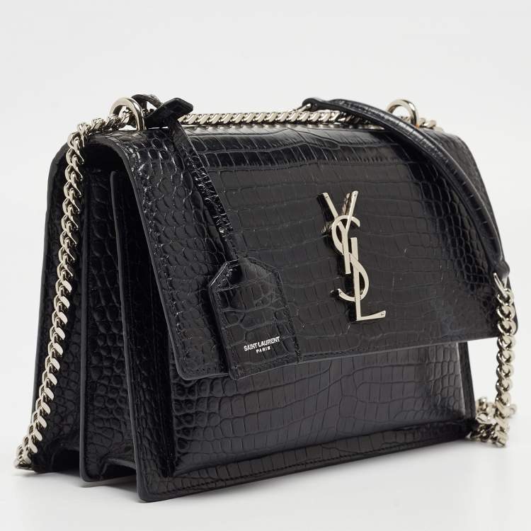 Pre Owned Saint Laurent Black Croc Embossed Leather Medium Sunset Bag