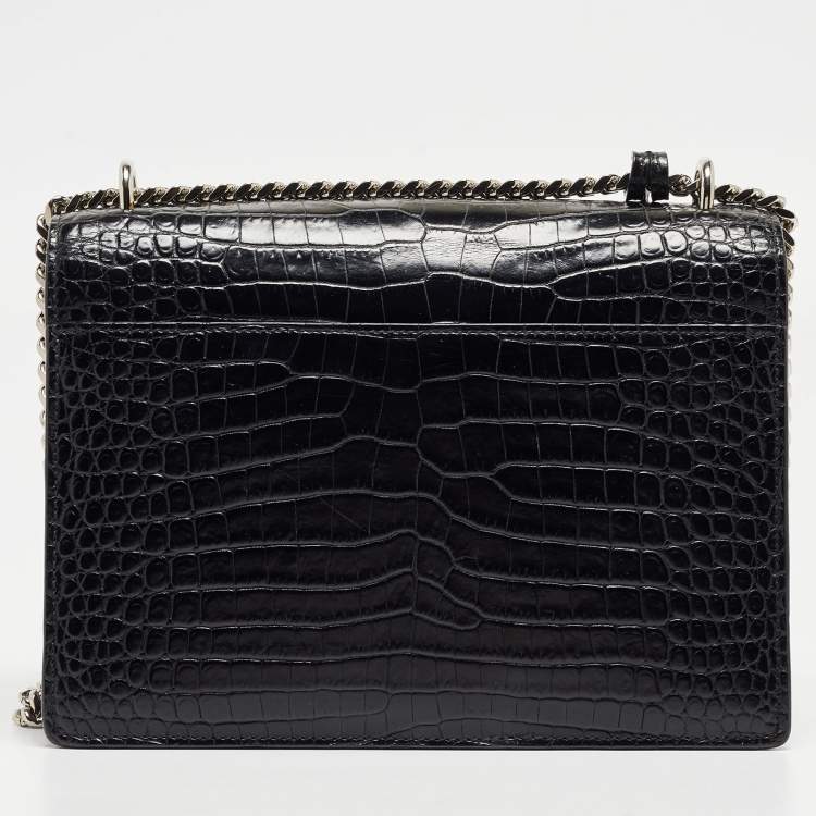 Pre Owned Saint Laurent Black Croc Embossed Leather Medium Sunset Bag