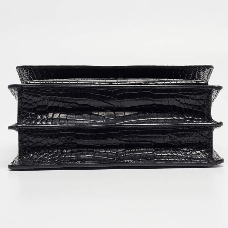 Pre Owned Saint Laurent Black Croc Embossed Leather Medium Sunset Bag