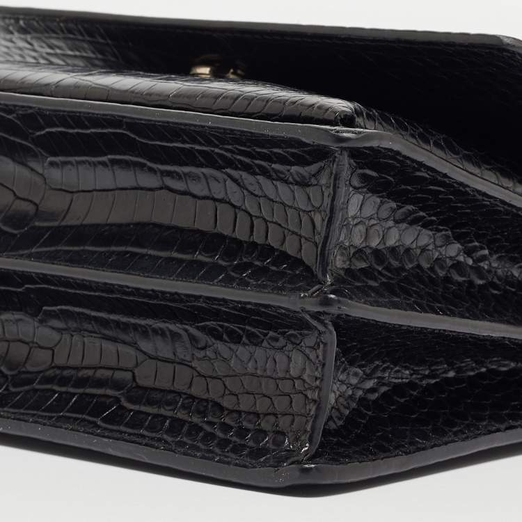 Pre Owned Saint Laurent Black Croc Embossed Leather Medium Sunset Bag