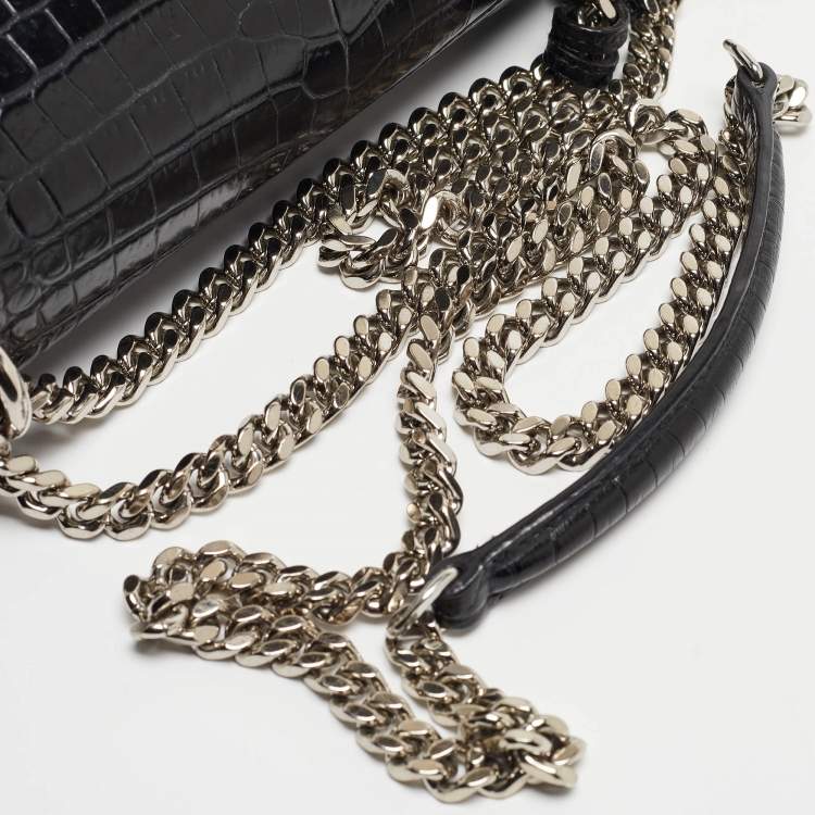 Pre Owned Saint Laurent Black Croc Embossed Leather Medium Sunset Bag