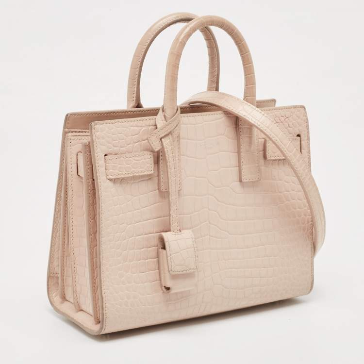 Pre Owned Saint Laurent Pink Croc Embossed Leather Nano Classic Sac De Jour Tote