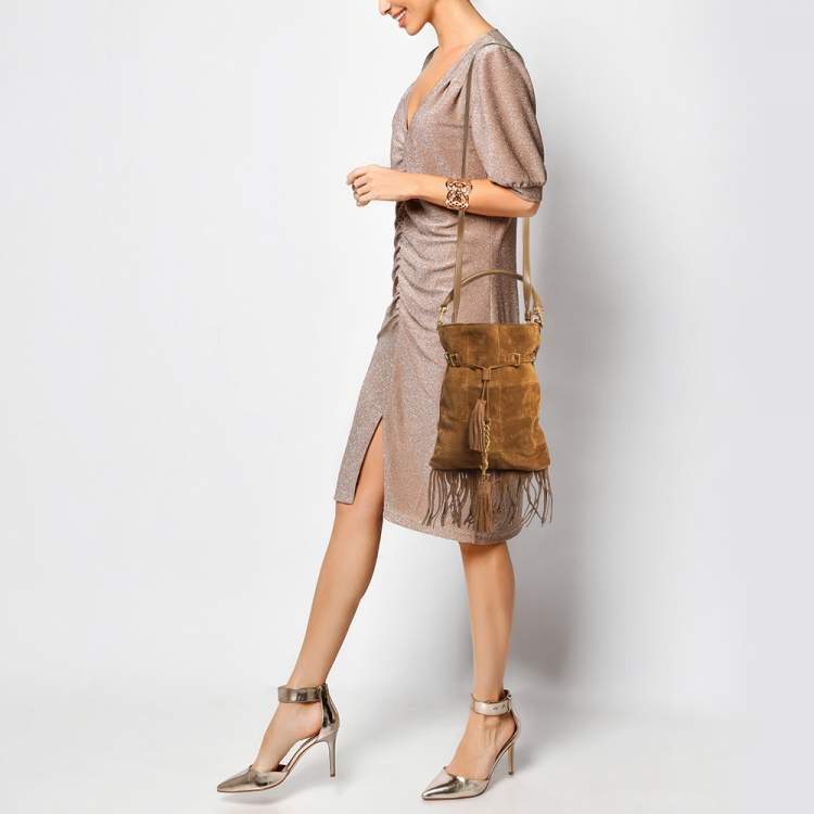 Pre Owned Saint Laurent Brown Suede and Leather Tassle Fringe Bucket Bag