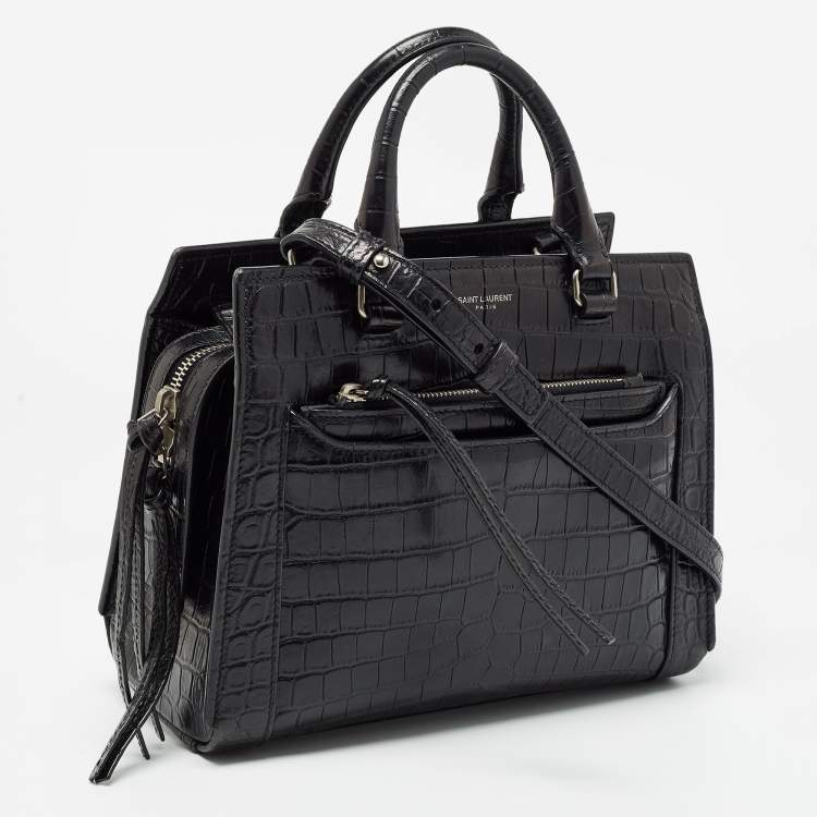 Pre Owned Saint Laurent Black Croc Embossed Leather East Side Tote