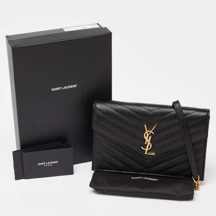 Pre Owned Saint Laurent Black Matelasse Leather Monogram Envelope Wallet on Chain