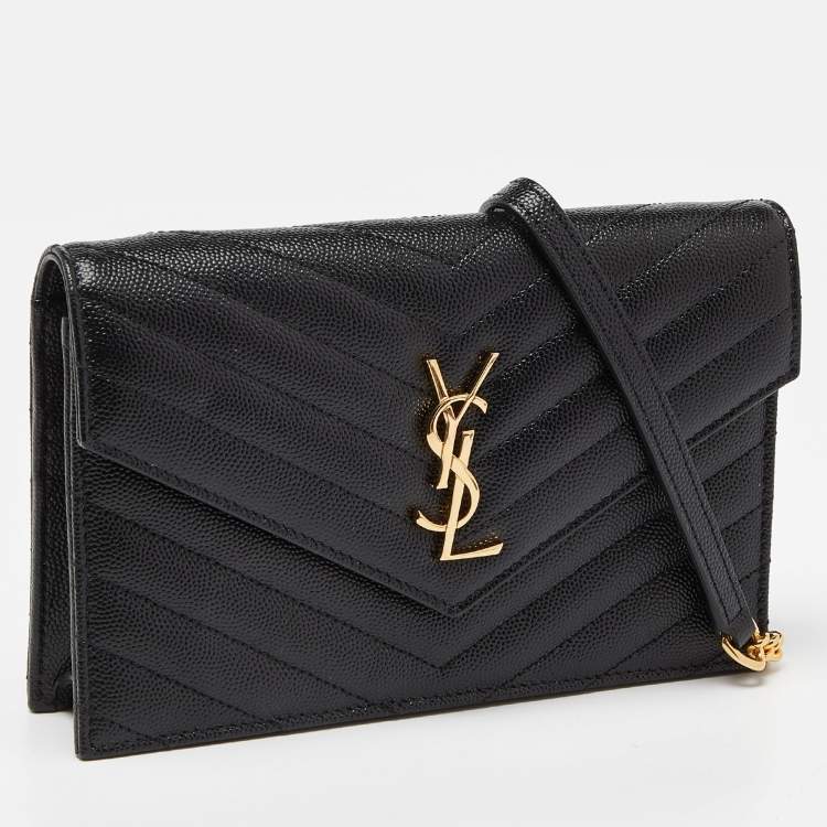 Pre Owned Saint Laurent Black Matelasse Leather Monogram Envelope Wallet on Chain
