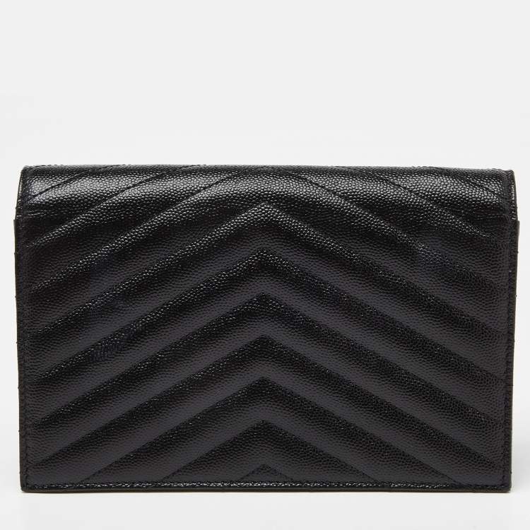 Pre Owned Saint Laurent Black Matelasse Leather Monogram Envelope Wallet on Chain