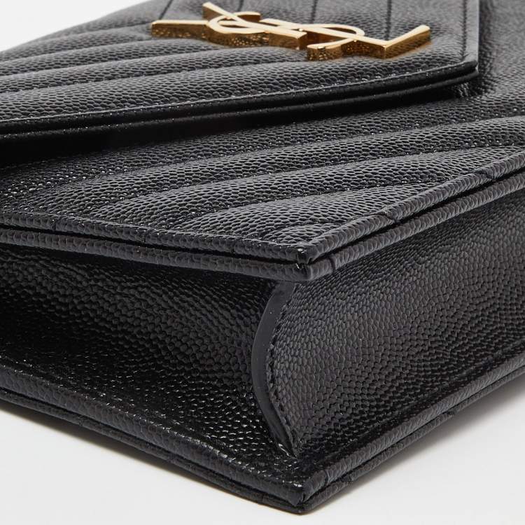 Pre Owned Saint Laurent Black Matelasse Leather Monogram Envelope Wallet on Chain