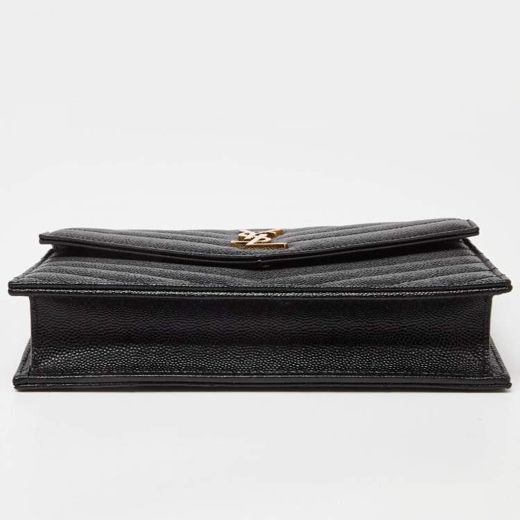 Pre Owned Saint Laurent Black Matelasse Leather Monogram Envelope Wallet on Chain