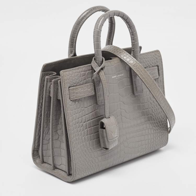 Pre Owned Saint Laurent Grey Croc Embossed Leather Nano Classic Sac De Jour Tote