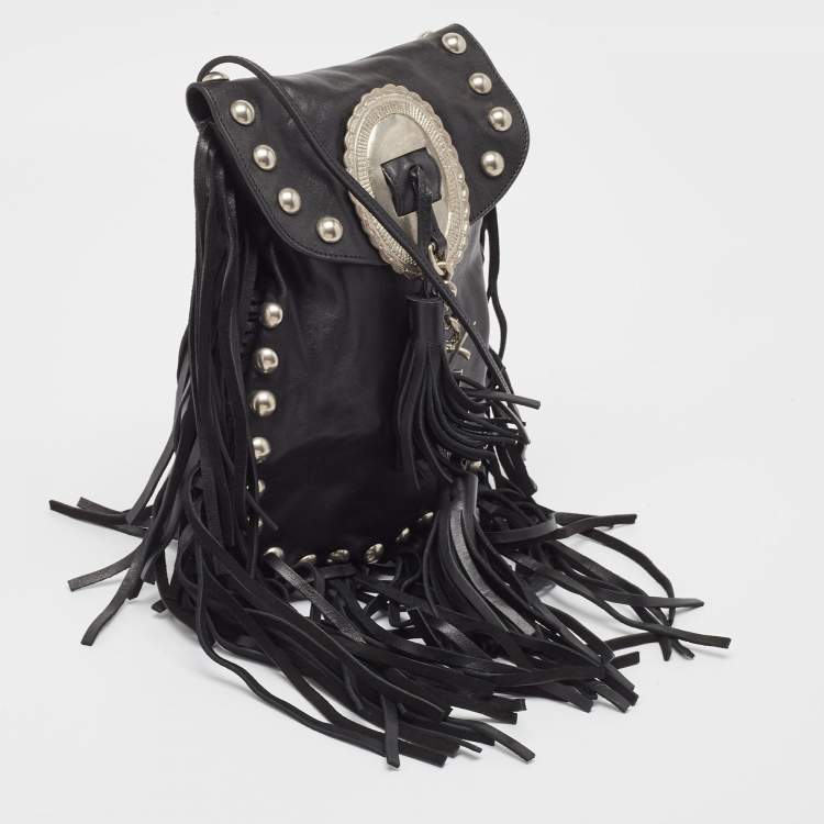 مملوكة مسبقًا Saint Laurent Black Leather Anita Fringed Shoulder Bag