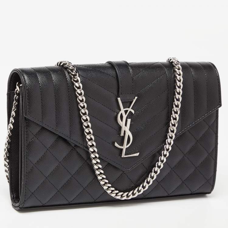 Pre Owned Saint Laurent Black Mix Matelassé Leather Monogram Envelope Wallet on Chain