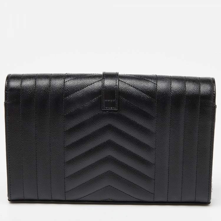 Pre Owned Saint Laurent Black Mix Matelassé Leather Monogram Envelope Wallet on Chain