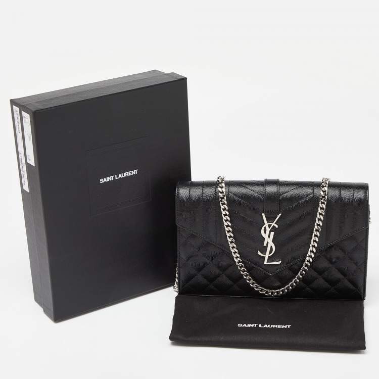 Pre Owned Saint Laurent Black Mix Matelassé Leather Monogram Envelope Wallet on Chain