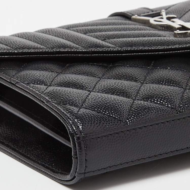 Pre Owned Saint Laurent Black Mix Matelassé Leather Monogram Envelope Wallet on Chain