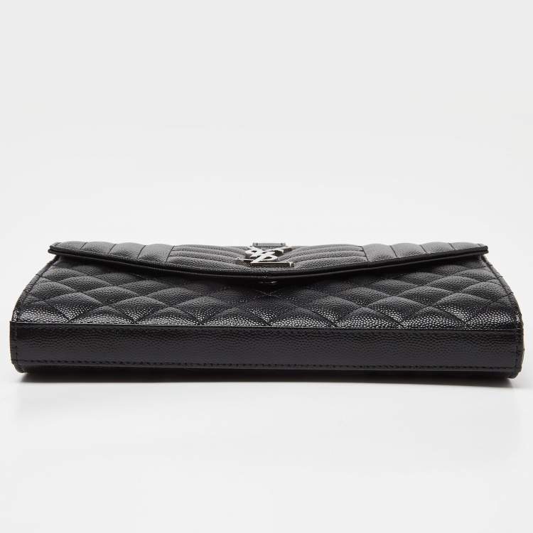 Pre Owned Saint Laurent Black Mix Matelassé Leather Monogram Envelope Wallet on Chain