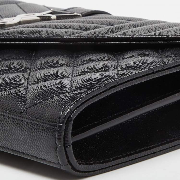 Pre Owned Saint Laurent Black Mix Matelassé Leather Monogram Envelope Wallet on Chain