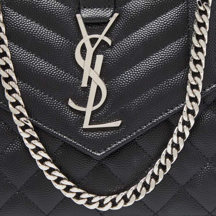 Pre Owned Saint Laurent Black Mix Matelassé Leather Monogram Envelope Wallet on Chain