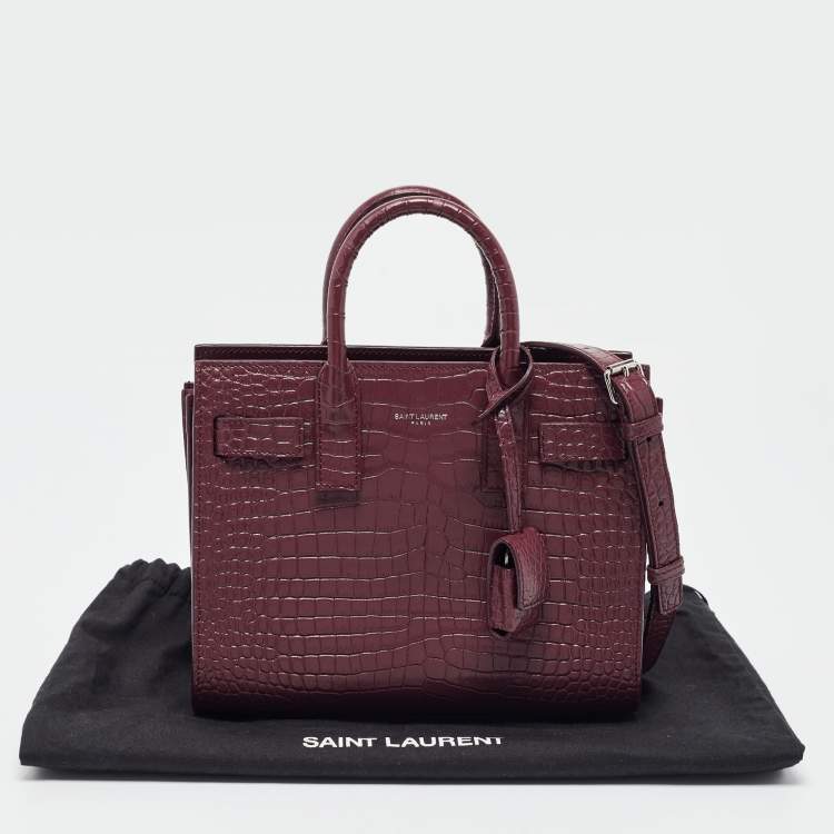 Pre Owned Saint Laurent Burgundy Croc Embossed Leather Nano Classic Sac De Jour Tote