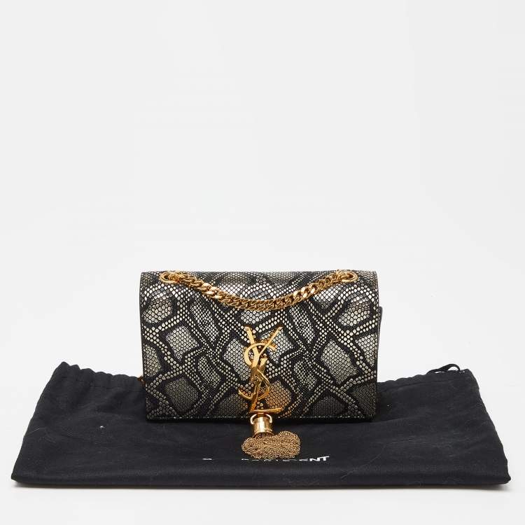 Pre Owned Saint Laurent Black/Gold Python Embossed Leather Small Kate Wallet on Chain