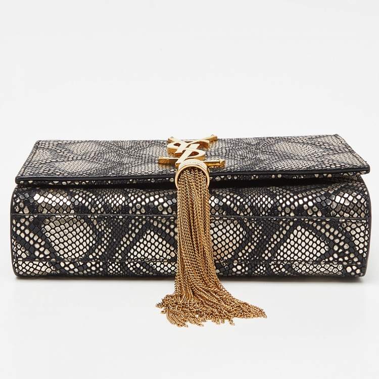 Pre Owned Saint Laurent Black/Gold Python Embossed Leather Small Kate Wallet on Chain