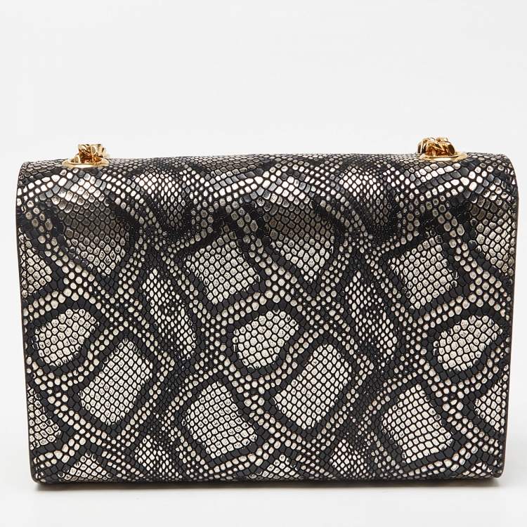 Pre Owned Saint Laurent Black/Gold Python Embossed Leather Small Kate Wallet on Chain