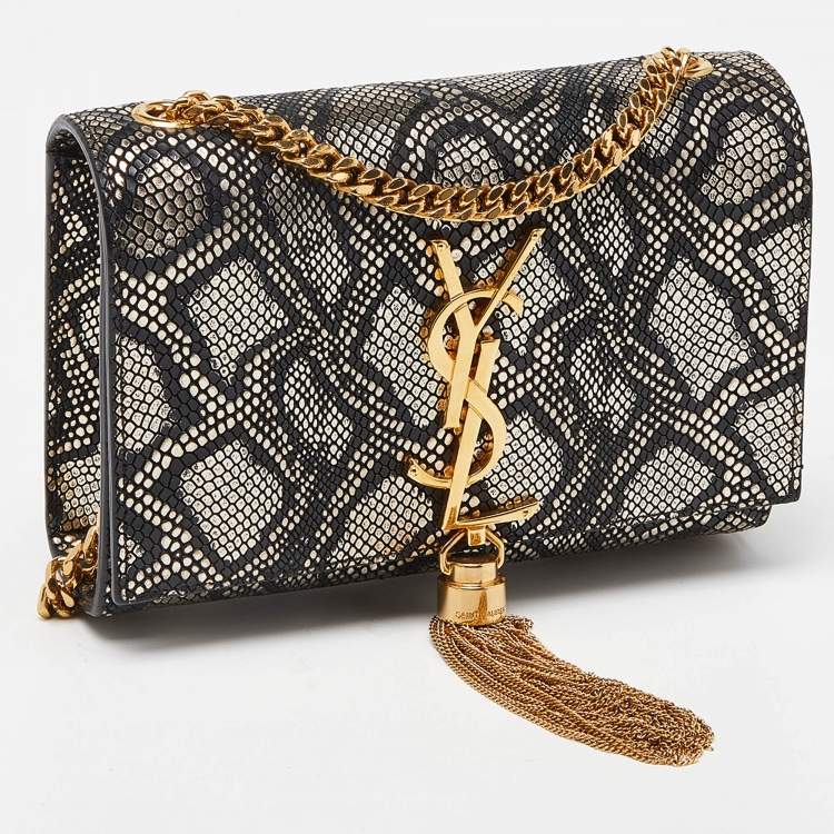 Pre Owned Saint Laurent Black/Gold Python Embossed Leather Small Kate Wallet on Chain