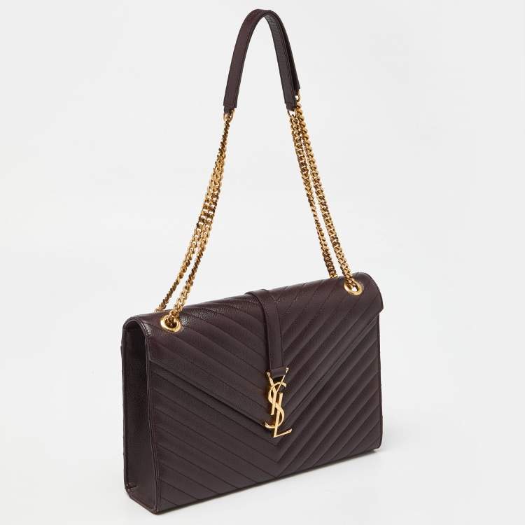 Pre Owned Saint Laurent Burgundy Matelassé Leather Large Monogram Envelope Shoulder Bag