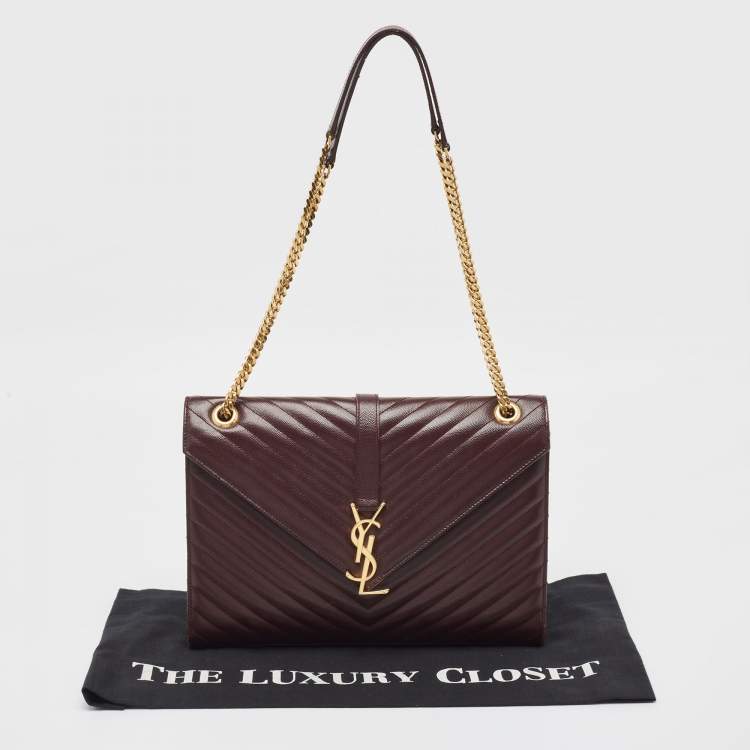 Pre Owned Saint Laurent Burgundy Matelasse Leather Large Monogram Envelope Shoulder Bag