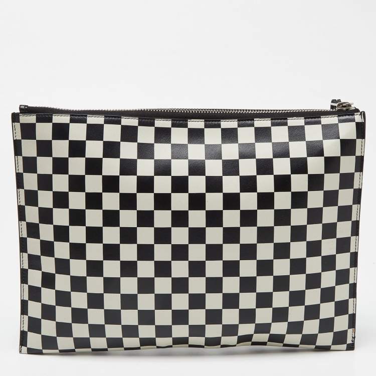 Pre Owned Saint Laurent Black/White Checkered Print Leather Clutch