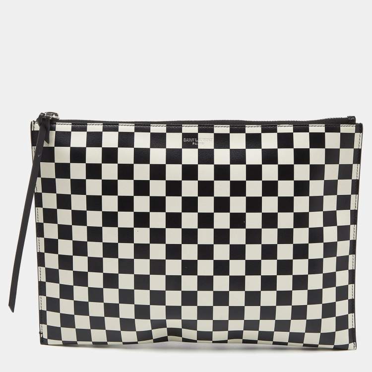 Pre Owned Saint Laurent Black/White Checkered Print Leather Clutch