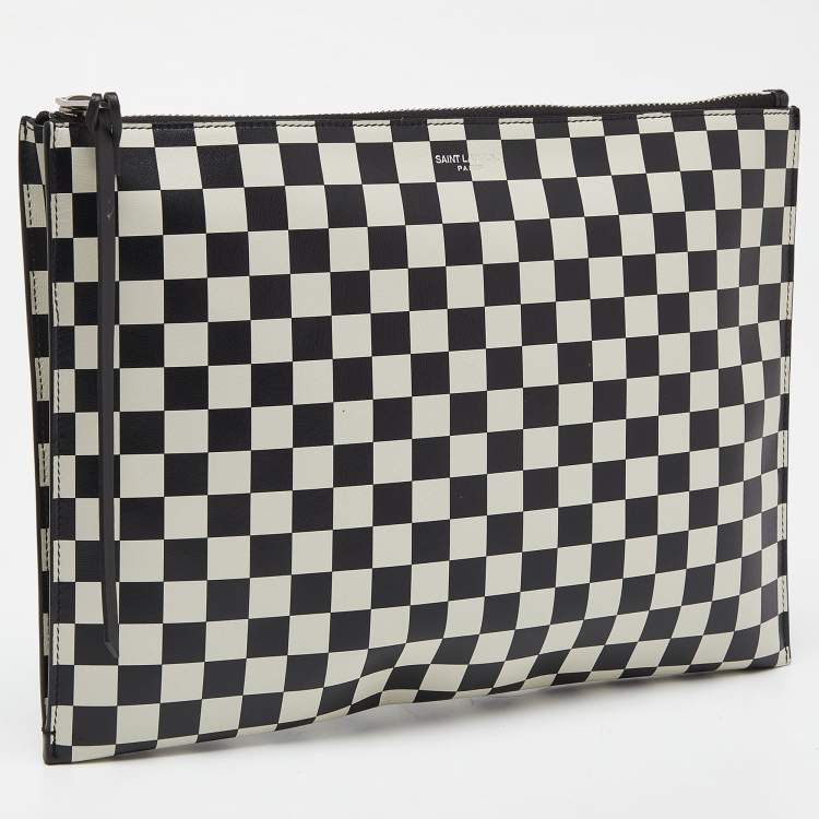 Pre Owned Saint Laurent Black/White Checkered Print Leather Clutch