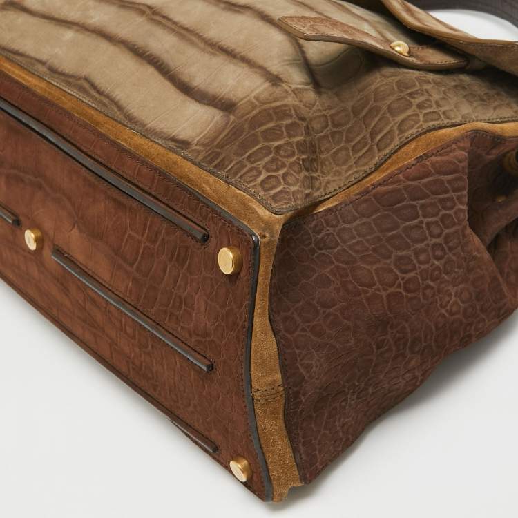 Pre Owned Saint Laurent Brown/Grey Croc Embossed Leather and Suede Muse Two Top Handle Bag