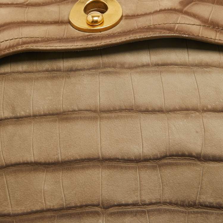 Pre Owned Saint Laurent Brown/Grey Croc Embossed Leather and Suede Muse Two Top Handle Bag
