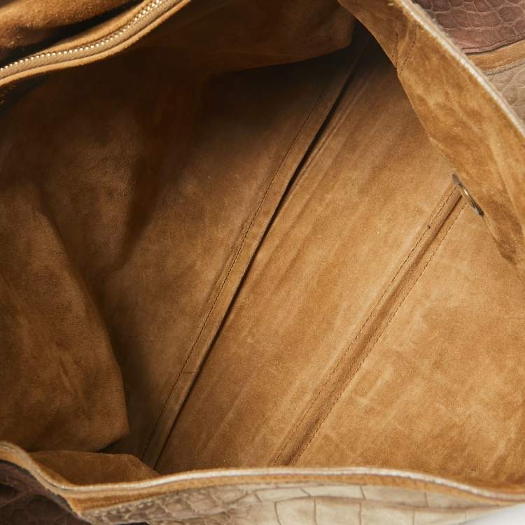 Pre Owned Saint Laurent Brown/Grey Croc Embossed Leather and Suede Muse Two Top Handle Bag